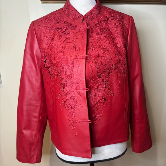 CHANEL Red Leather Jacket with Floral Embroidery Sz L - Picture 9 of 16